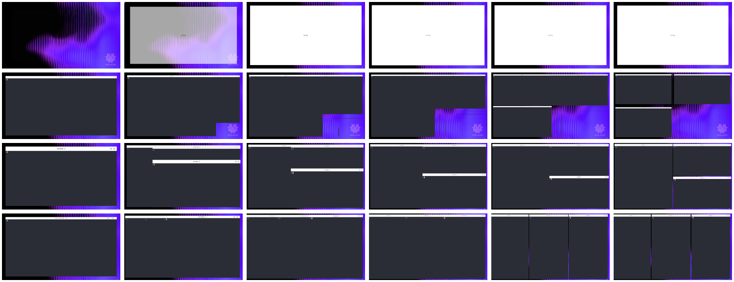 Four rows of six frames: a window opening, overview entering, tiling arranging three windows, and scrolling arranging them