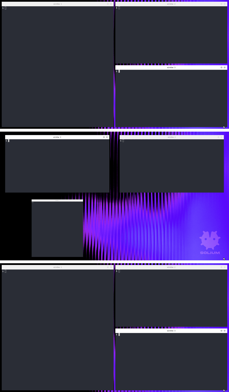 Three tiled windows, the same three in overview, and the desktop after leaving it, unchanged