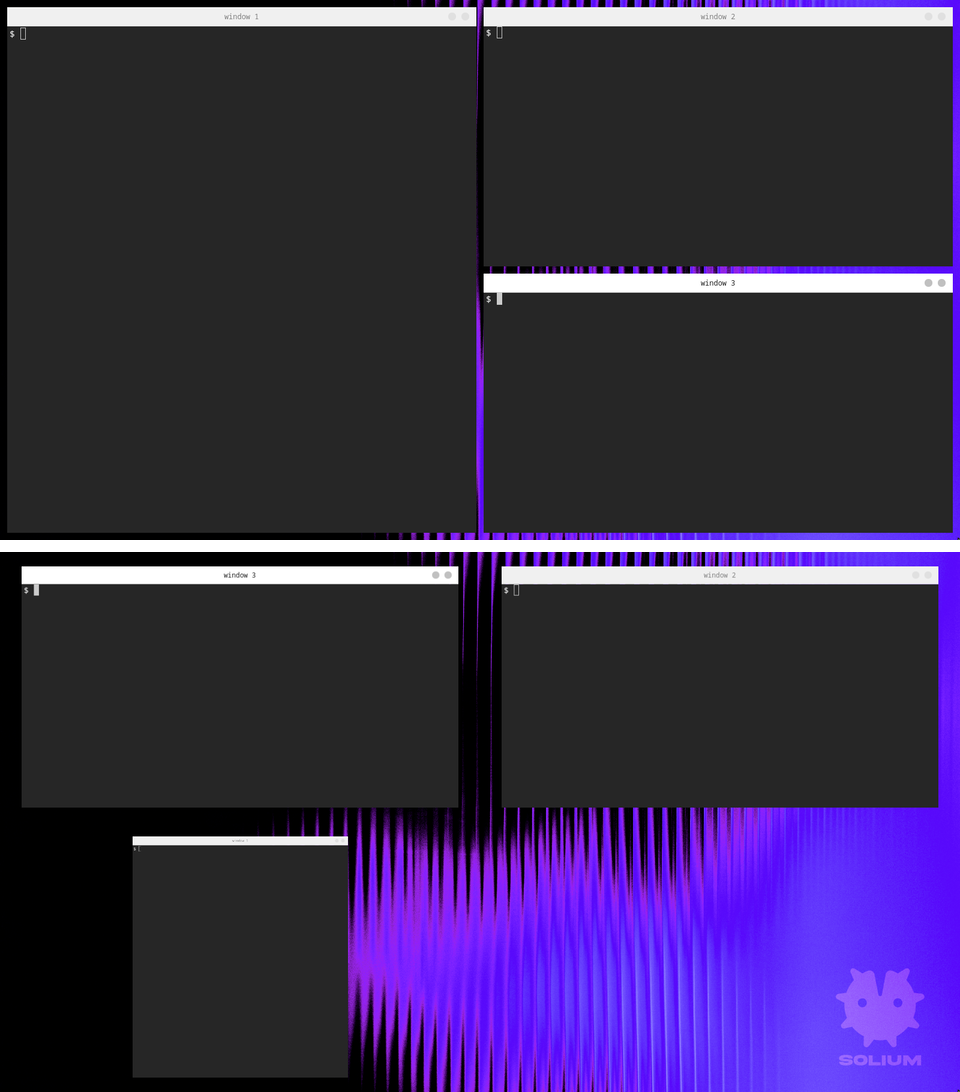 Three terminals tiled in the default top frame, then the same three in overview